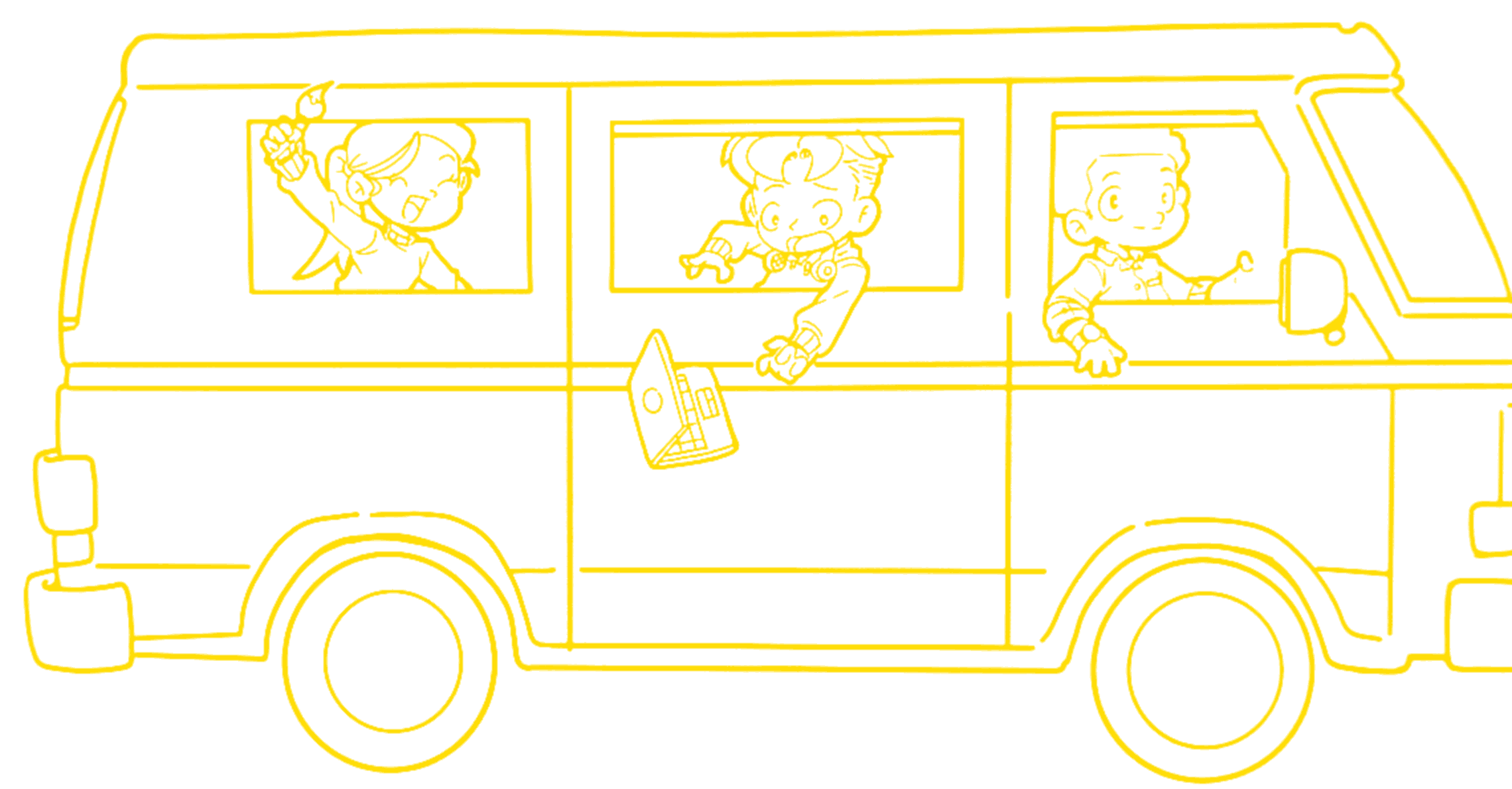Line drawing of the WAHALA danfo: a creative waving a paintbrush from the back window, a developer dropping a laptop out of the middle window, and a calm driver waving from the front.